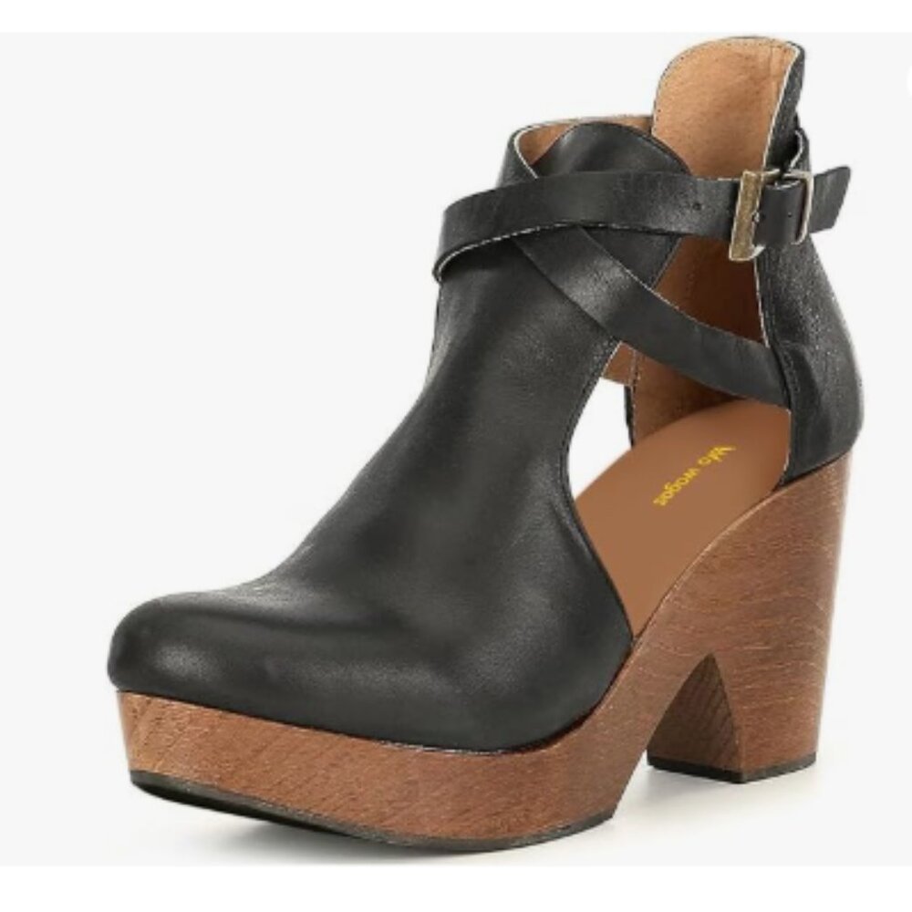 Black Women's Platform Round Toe Cutout Ankle Boots Strap Buckles Cork Bootie